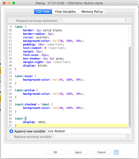 Configuration of the CSS Editor node