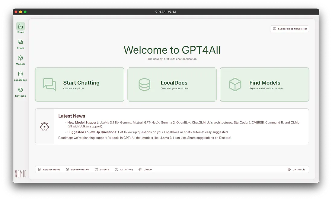 GPT4all welcome screen