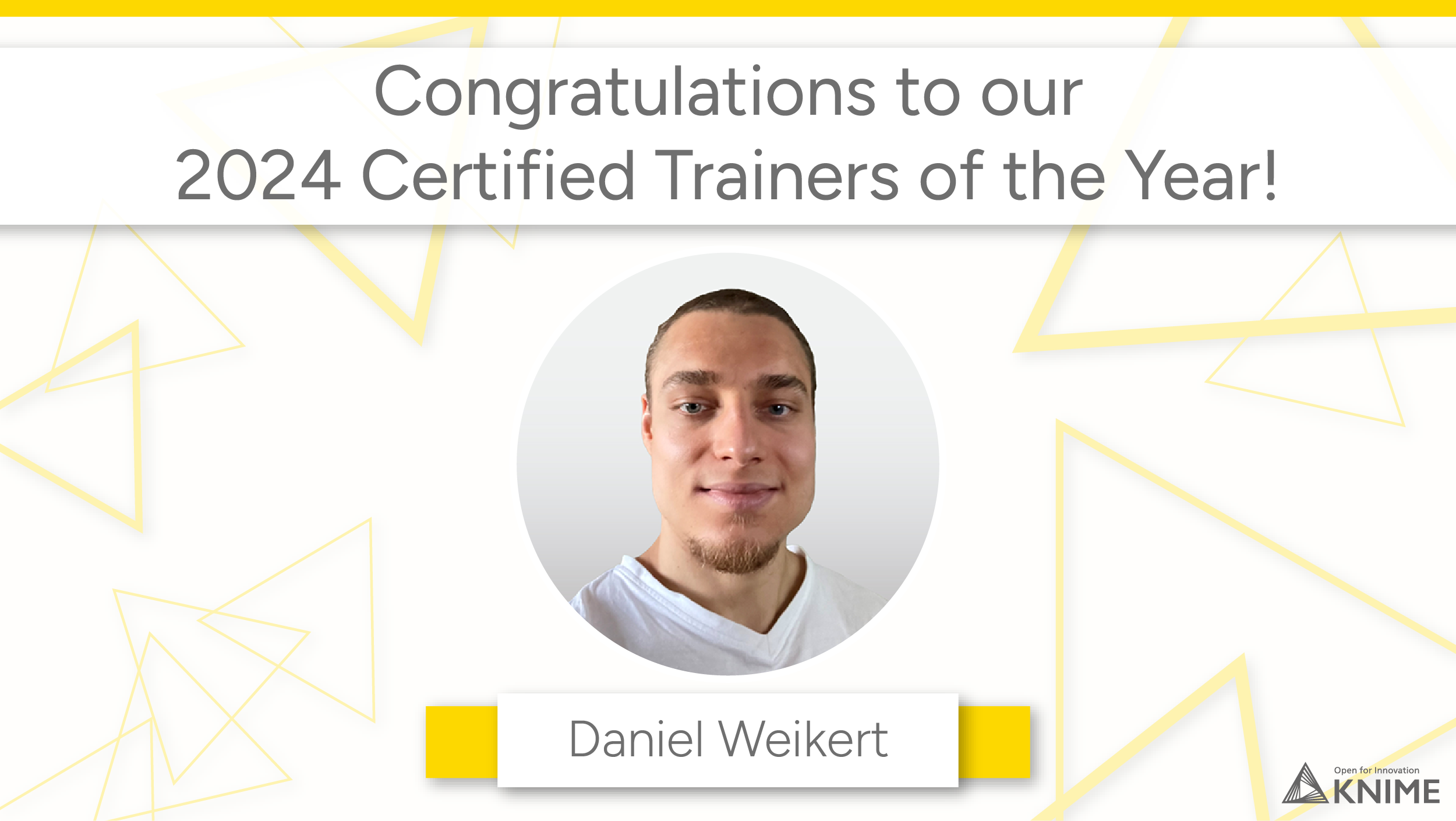 a congratulations certificate for Daniel Weikart as 2024 knime certified trainer of the year