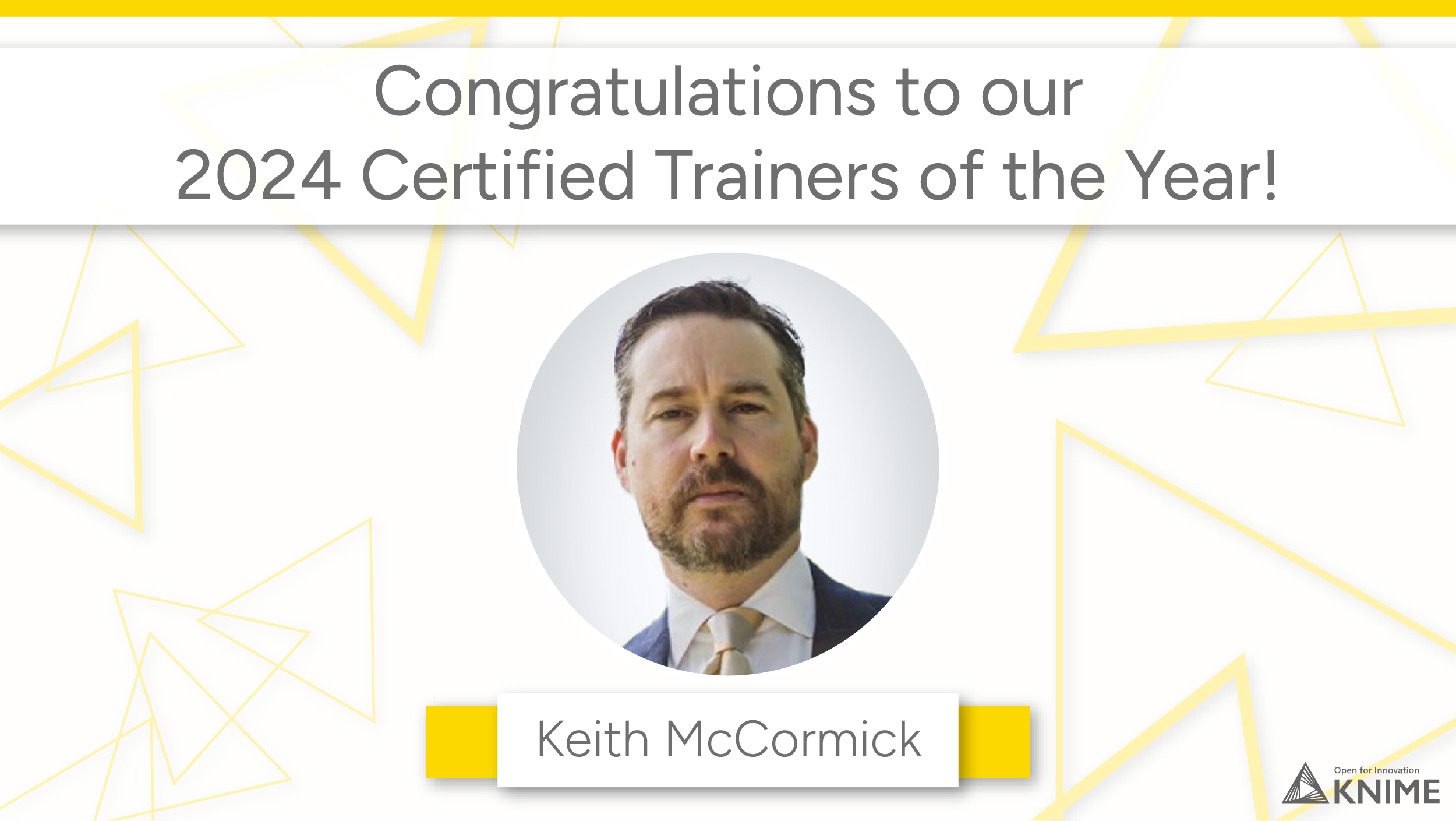 a congratulations certificate for keith mccormick as 2024 knime certified trainer of the year