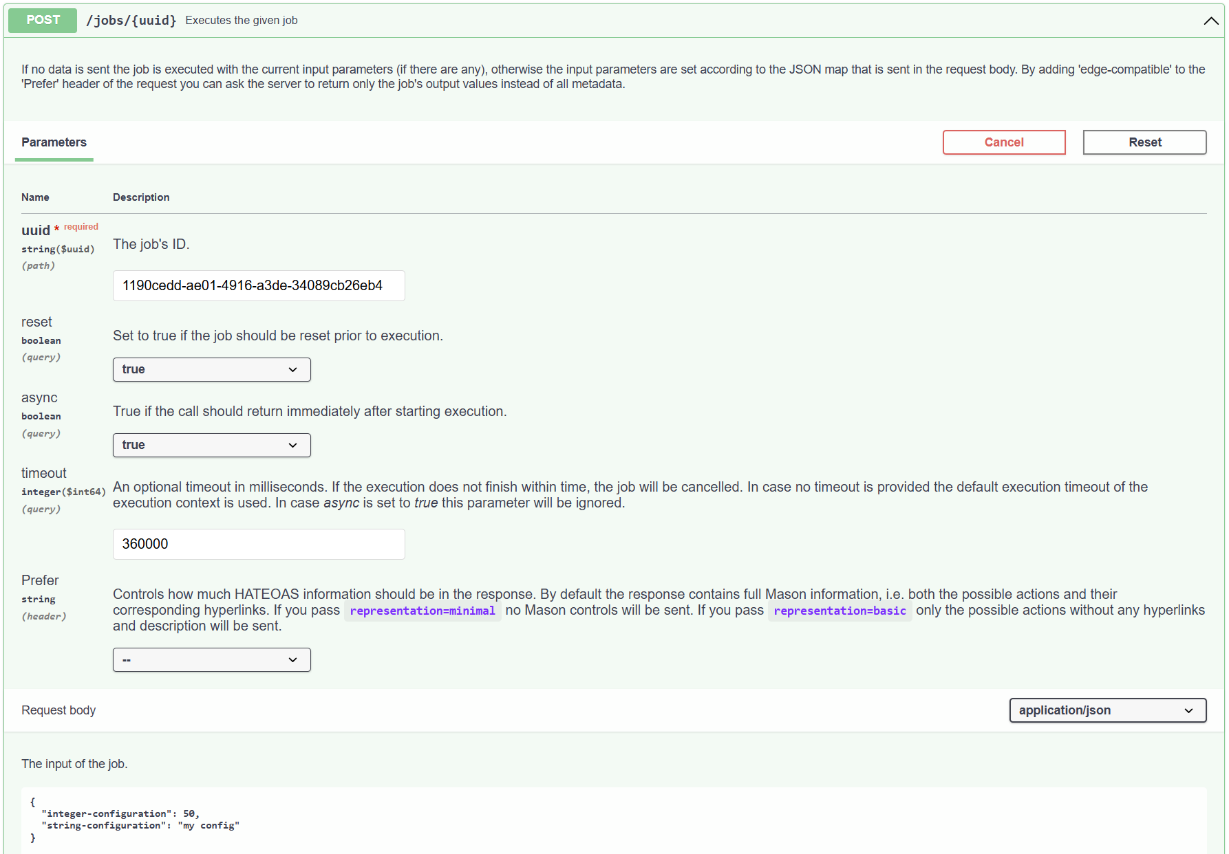 KNIME Business Hub example of Request body to send with request
