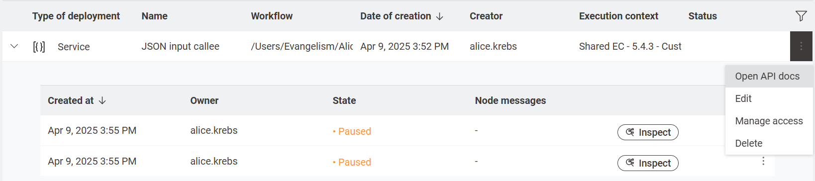 KNIME Business Hub finding endpoints for a workflow deployed as a service
