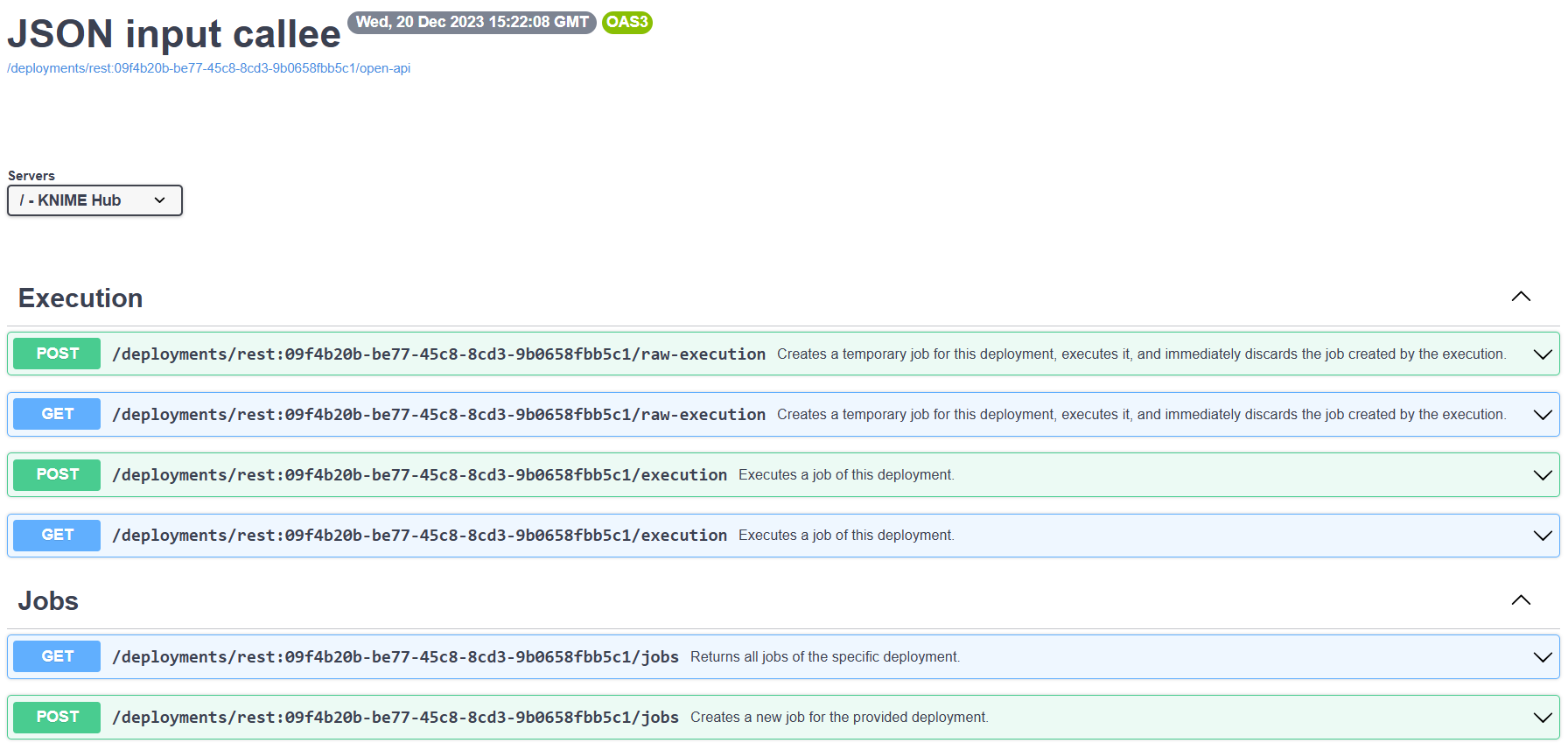KNIME Business Hub drop-down menu for execution and jobs
