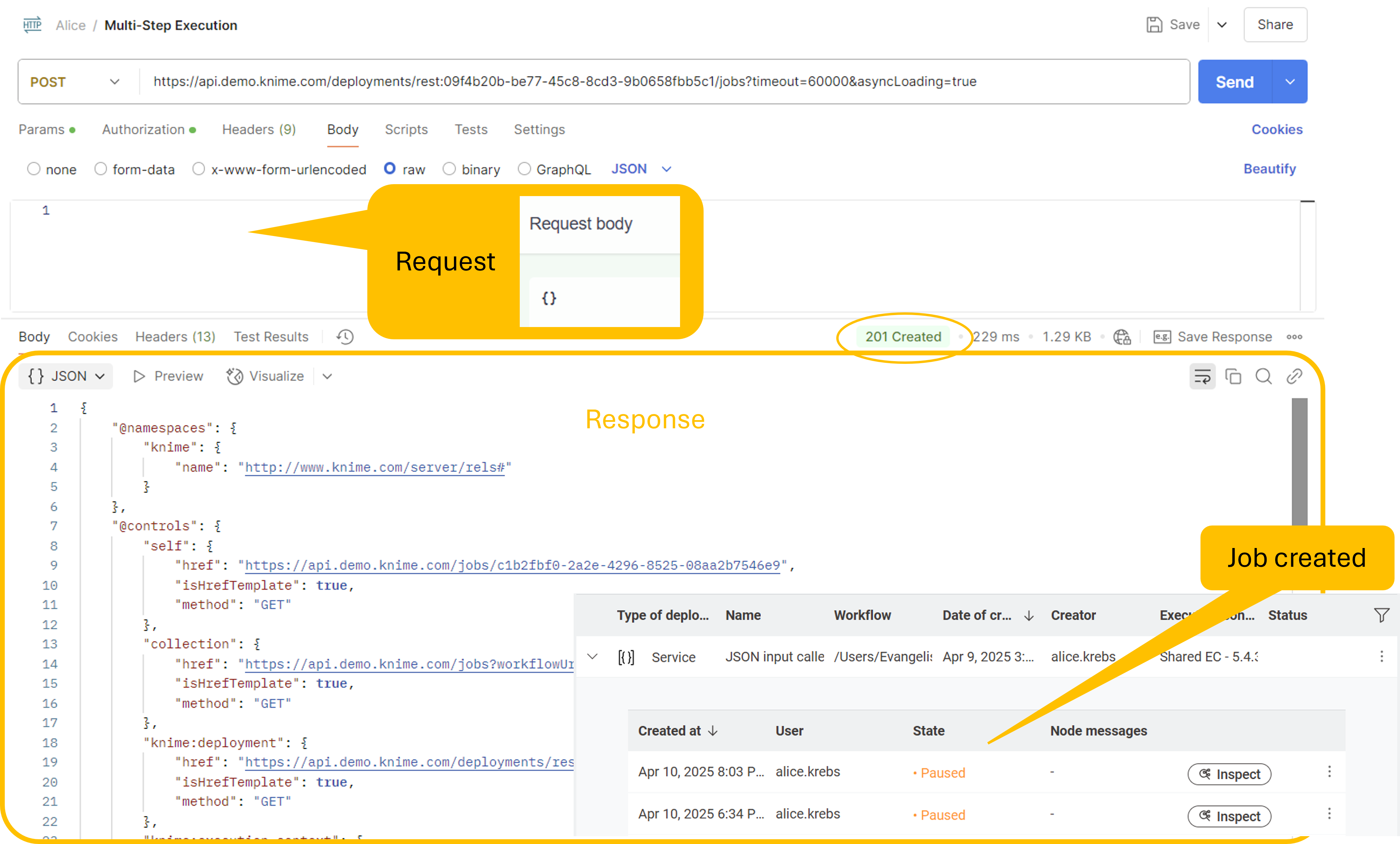 Calling the jobs endpoint with Postman on KNIME Business Hub