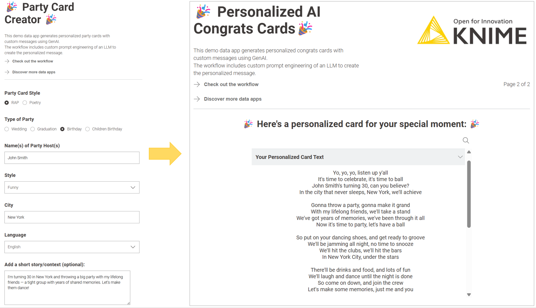 Interactive data app in KNIME – collecting inputs (A) and displaying the AI-generated party card (B).