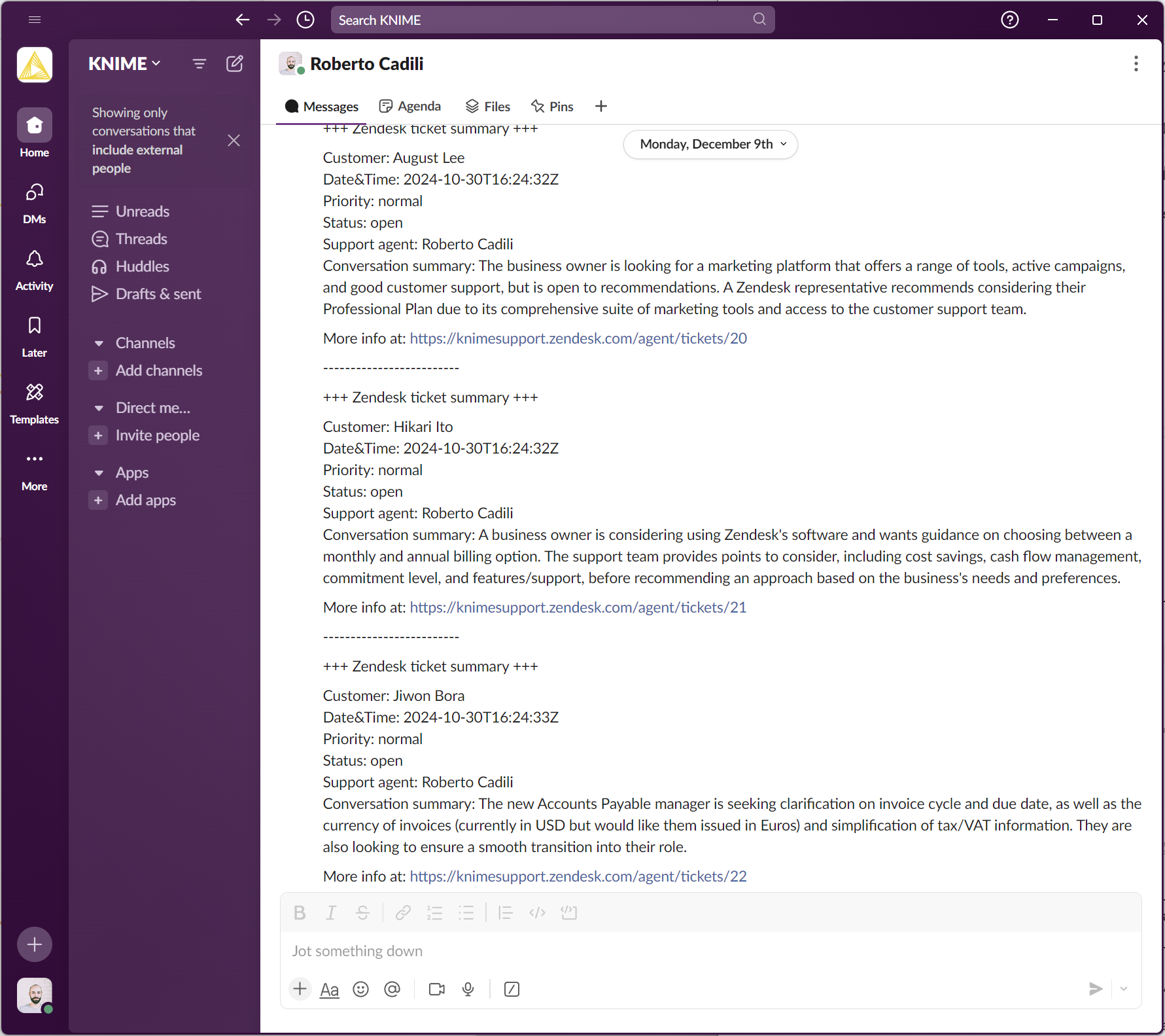 Summaries of customer support tickets structured into neatly-formatted messages and forwarded to a selected Slack recipient.