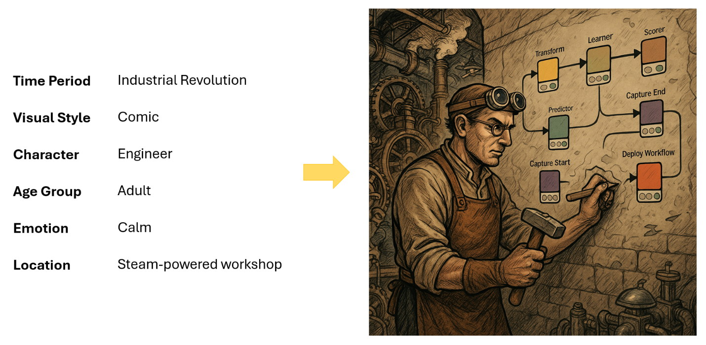 The steam workflow. Comic-style scene of a calm engineer assembling a KNIME workflow inside a steam-powered lab during the Industrial Revolution.