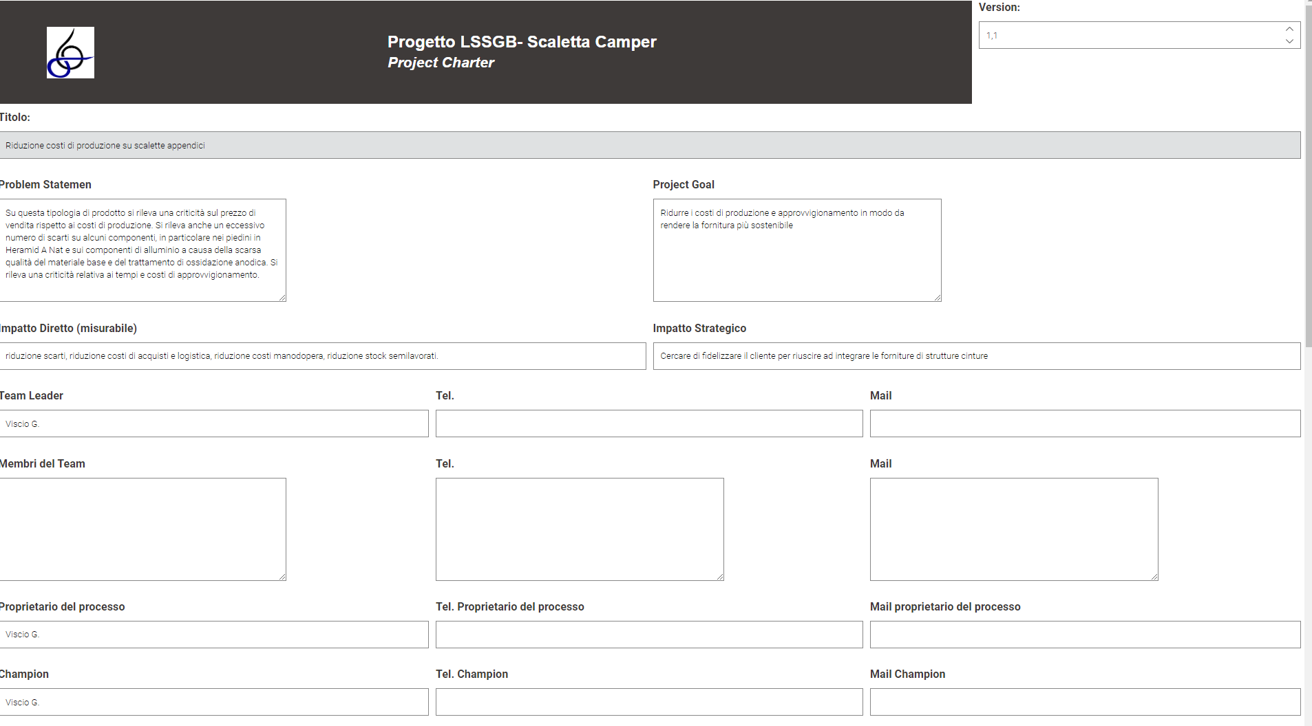 “Project Charter” data app: the form for specs collection