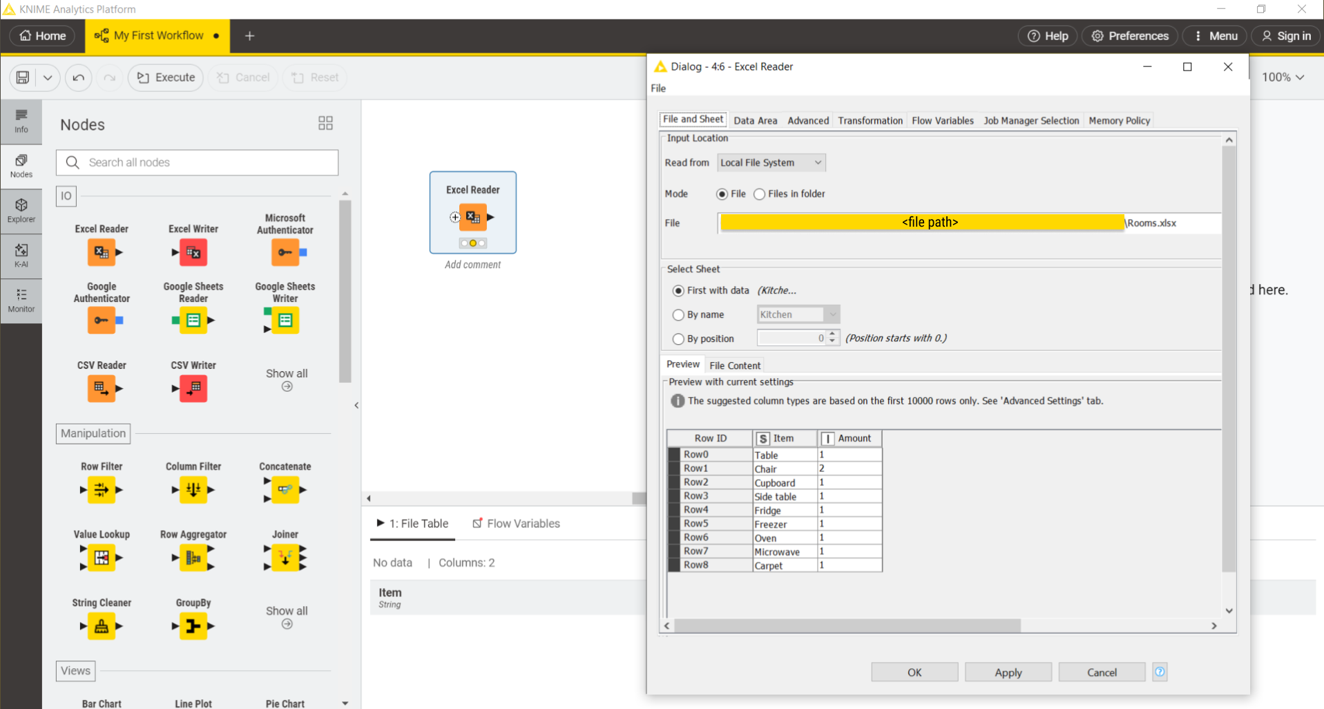 Dragging an XLSX file in KNIME AP