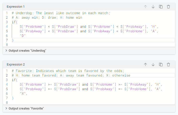The configuration window of the Expression node containing two expressions.