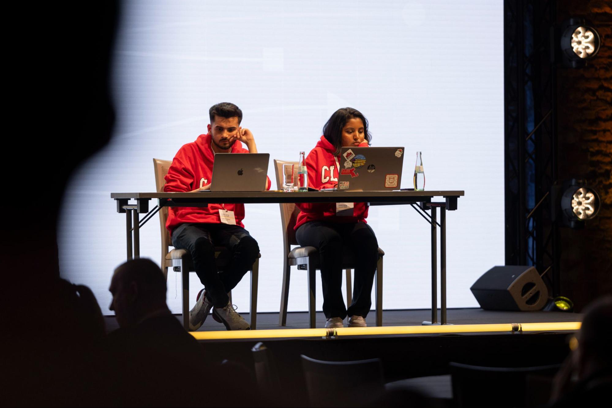 Students Vibha Srinivasa and Shubham Suman competing in the Game of Nodes final in Berlin, in March 2025.