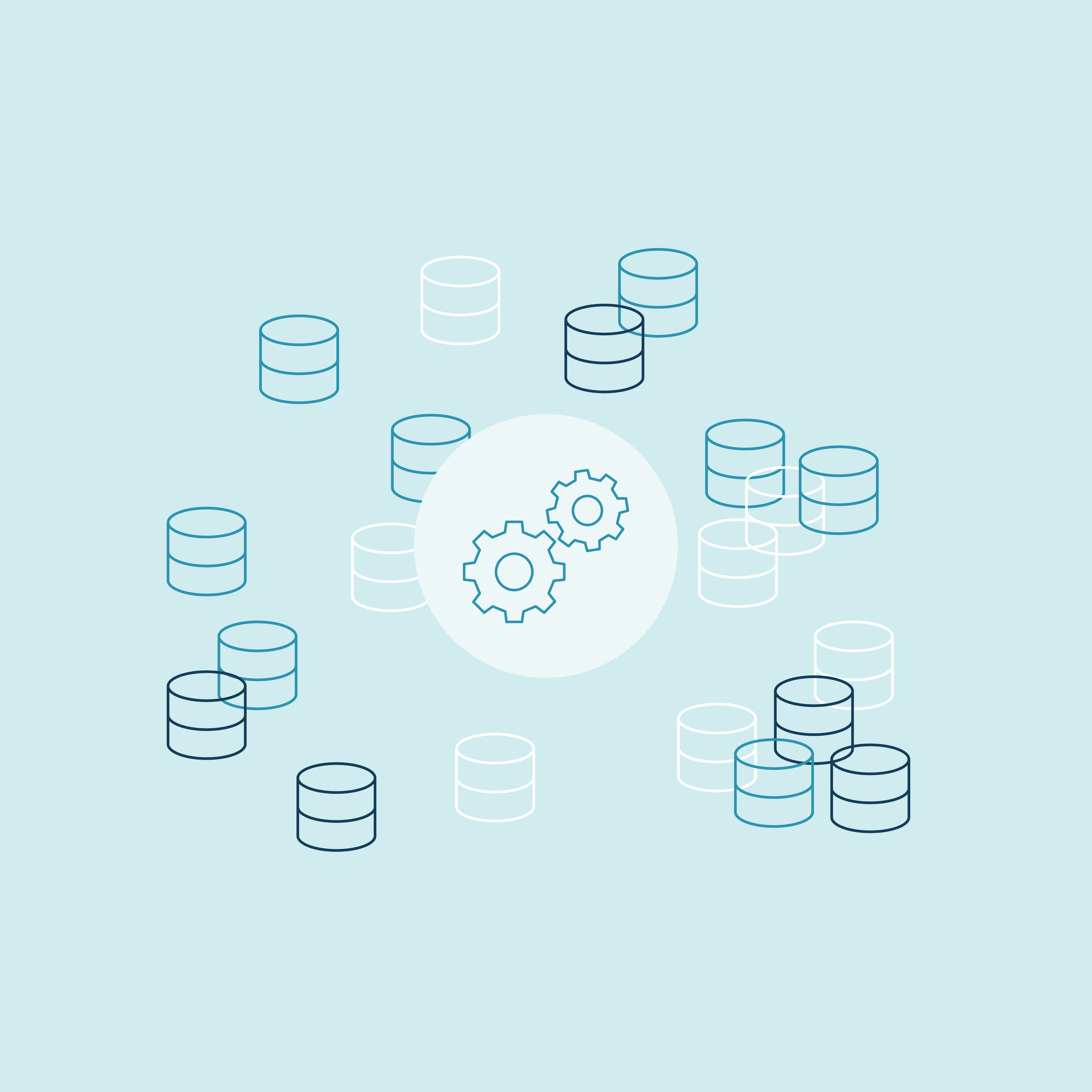 Disks for data storage symbols, with gear symbols on top.