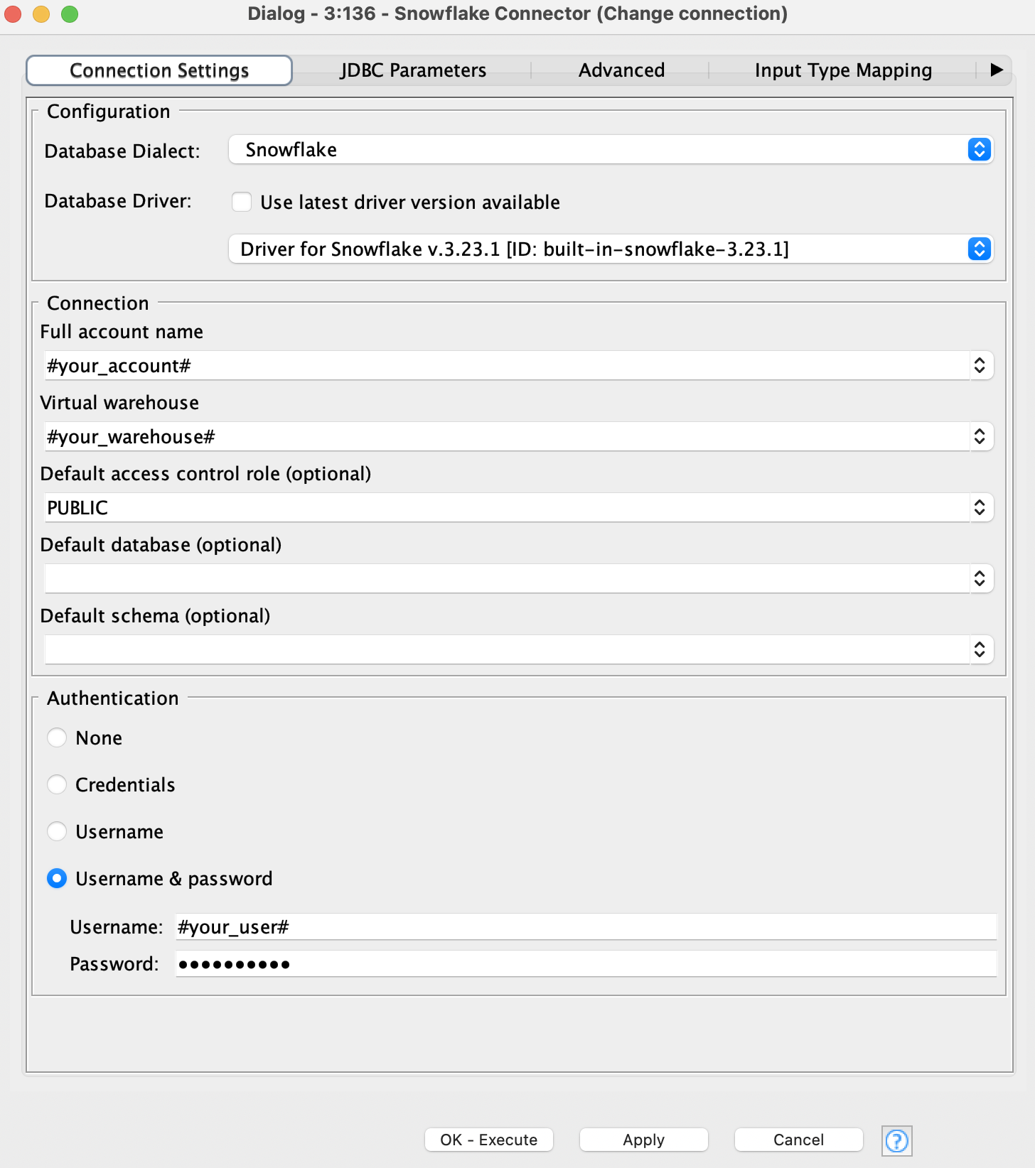 Snowflake connector configuration