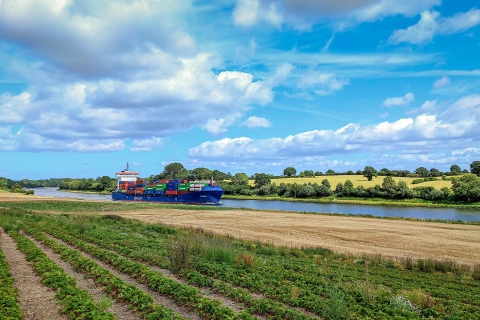A riverboat going by a field