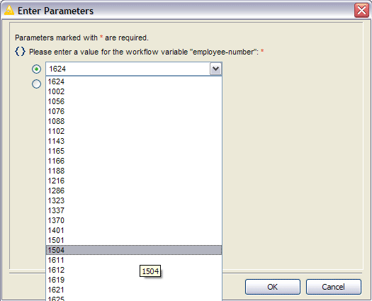 The resulting report parameter selectino dialog with a combo box