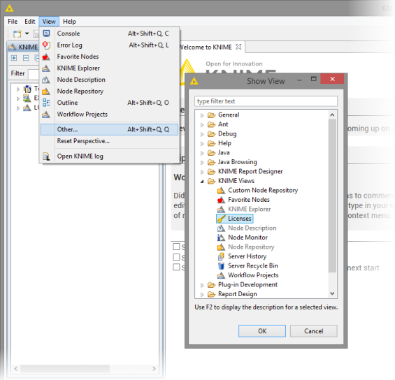 Open the KNIME Licenses View from the View-&gt;Other... menu