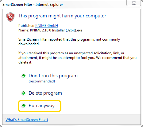 Windows 7 SmartScreen actions